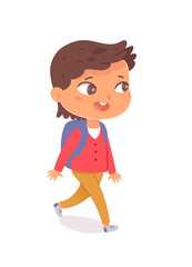 Cute smiling little schoolboy with backpack walking, view from back. Child going isolated on white background. Primary school pupil back to study. Cartoon kid vector character.