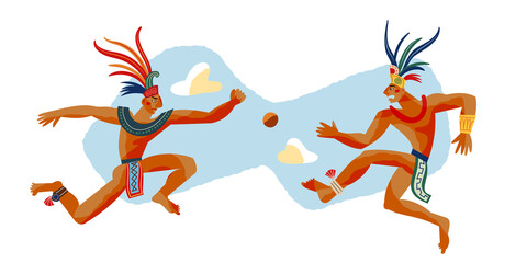 Mayan men playing ball. Ancient civilisation sport in Mexico vector illustration. Tribal men in traditional clothes and headwear on white background, side view in air with clouds
