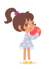 Happy girl standing with red ball. Joyful smiling child playing with toy. Positive emotion and fun vector illustration. Cute cheerful little kid in good mood on white background