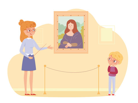 Child in art museum. Kid looking at painting with portrait in frame on wall vector illustration. School excursion scene with instructor guide teaching, boy listening