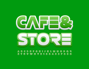 Vector trendy emblem Cafe and Store. Green and White modern Font. Abstract style Alphabet Letters and Numbers set