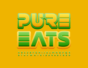 Vector healthy concept Pure Eats with techno  Alphabet Letters and Numbers set. Bright decorative Font