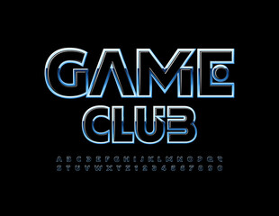 Vector modern sign Game Club. Blue Silver and Black Font. Shiny techno style Alphabet Letters and Numbers set