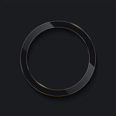 Black glass circle with golden frame line on dark background. Round electric frame. Geometric fashion design vector illustration. Empty minimal ring, abstract art decoration