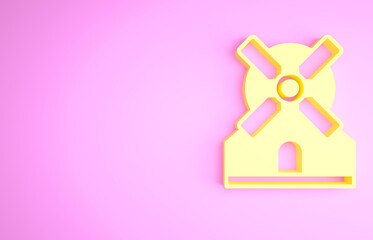 Yellow Windmill icon isolated on pink background. Minimalism concept. 3d illustration 3D render