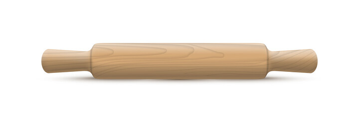 Wooden rolling pin isolted on white background. Vector realistic wood kitchen utensils design element.