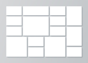 Moodboard grid. Photo collage template. Vector. Mood board background. Banner with pictures. Mosaic frames. Photography album layout. Horizontal design of mockup. Simple illustration.