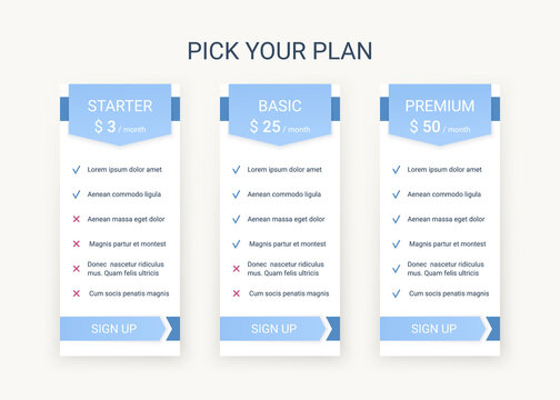 Price table plans. Comparison data template. Vector. Pricing chart grid. Spreadsheet page with 3 columns. Comparative subscription with options. Checklist compare tariff banner. Simple illustration.