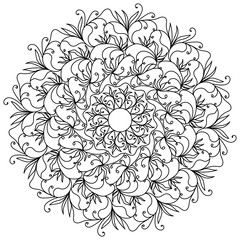 Abstract ornate mandala with curls and doodle flowers, meditative coloring page and tangled patterns