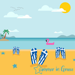 Fototapeta na wymiar Poster of summer in Greece. Flip-flops on the Greek beach.