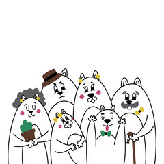 Funny cartoon portrait of a cat family. Happy mom, dad, daughter, son, grandma and grandpa at a photo shoot together. Simple minimal comic line illustration for greeting card, nursery decor, posters