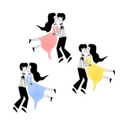 Set of dancing couples. Young people circling in a waltz. The guy throws the girl in his arms. Support in Latin dances. Simple minimal cartoon illustration for advertising dance class, retro prom