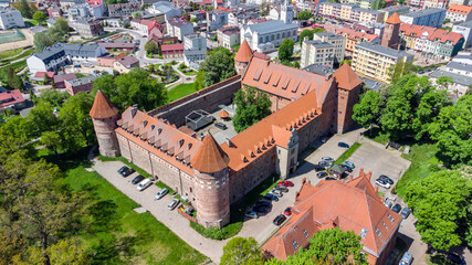 Aerial view of Bytow Castle. Gothic Teutonic castle and a former stronghold for Pomeranian dukes in...