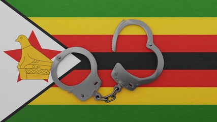 A half opened steel handcuff in center on top of the national flag of Zimbabwe - obrazy, fototapety, plakaty
