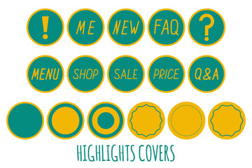 Set of highlight story covers template. Hand drawn text. Round logo, sticker, label, cover for social media stories, online shop. Flat style.