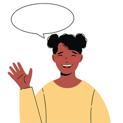 African-American pretty girl. Illustration of black woman with a greeting gesture. Girl says Hello!