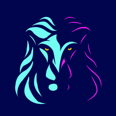 Lion head line pop art portrait logo colorful design with dark background. Abstract vector illustration
