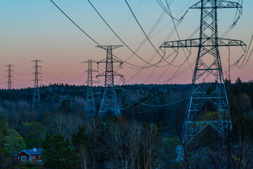 power lines over orlången nature reserve in stockholm sweden