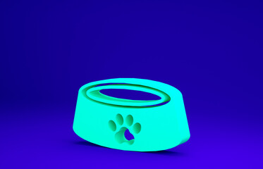 Green Pet food bowl for cat or dog icon isolated on blue background. Dog or cat paw print. Minimalism concept. 3d illustration 3D render