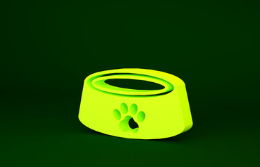 Yellow Pet food bowl for cat or dog icon isolated on green background. Dog or cat paw print. Minimalism concept. 3d illustration 3D render