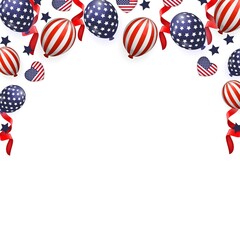 USA Independence Day, 4th of July. Banner for Instagram with American Flag, white balloons in red stripes, blue with white stars. Square frame with the decor at the top. Post. Vector illustration.