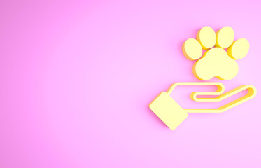 Yellow Hands with animals footprint icon isolated on pink background. Pet paw in heart. Love to the animals. Minimalism concept. 3d illustration 3D render