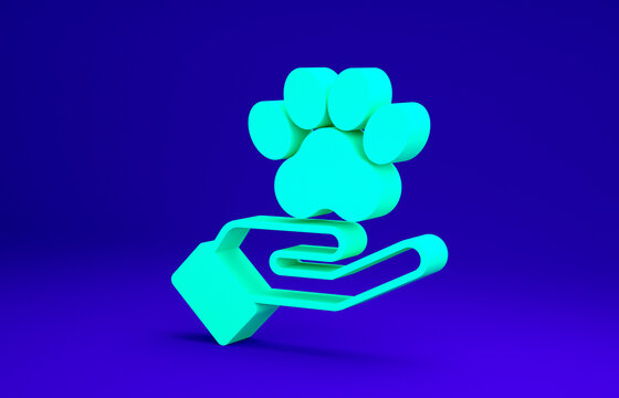 Green Hands with animals footprint icon isolated on blue background. Pet paw in heart. Love to the animals. Minimalism concept. 3d illustration 3D render