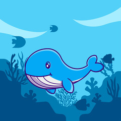 Cute Blue Whale Vector Cartoon Illustrations for World Ocean Day