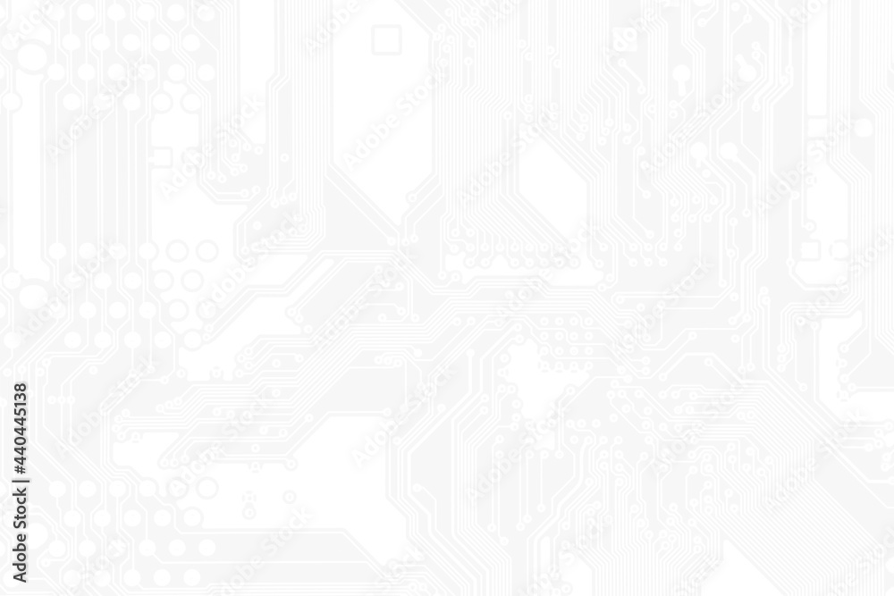 Poster White texture background of printed circuit board. Computer technology background. Information tech. Space for text. Gray scale pcb background.