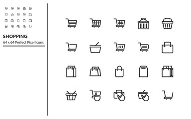 set of shopping line icons 64x64px, shopping cart, commerce, online shopping, online store