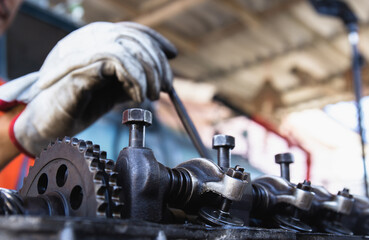 Car engine block camshaft and spring rocker arm valve, repairing and maintenance service concepts