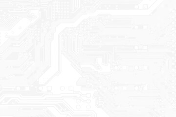 White texture background of printed circuit board. Computer technology background. Information tech. Space for text. Gray scale pcb background.