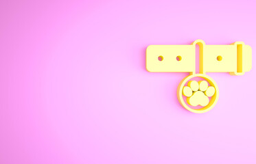 Yellow Collar with name tag icon isolated on pink background. Supplies for domestic animal. Dog or cat paw print. Cat and dog care. Pet chains. Minimalism concept. 3d illustration 3D render