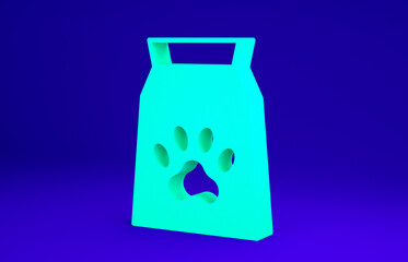 Green Bag of food for pet icon isolated on blue background. Food for animals. Dog bone sign. Pet food package. Minimalism concept. 3d illustration 3D render