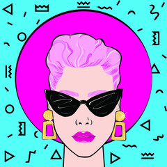 pop art vector illustration of a young girl with sunglasses with a short haircut and pink hair, with large gold earrings