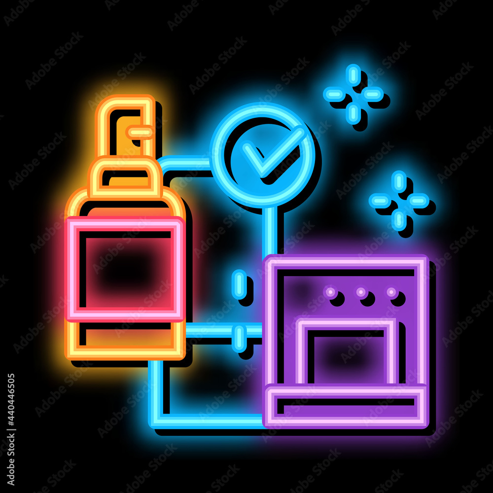 Sticker kitchen cleaning neon light sign vector. glowing bright icon kitchen cleaning sign. transparent symb