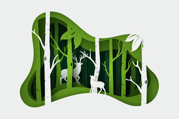Vector and digital craft style of eco forest with Fullmoon and Deers.