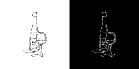 Bottle and glass red wine together in hand drawn style. Two kinds beverage outline images. Restaurant illustration for celebration design. Retro sketch. Line art. Isolated on white background