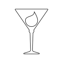 Glass martini with a drop of drink inside. Contour line art in flat style. Restaurant alcoholic illustration for celebration design. Beverage outline icon. Isolated on white background