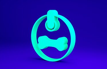 Green Dog collar with name tag and bone plaque icon isolated on blue background. Supplies for domestic animal. Cat and dog care. Pet dog chains. Minimalism concept. 3d illustration 3D render