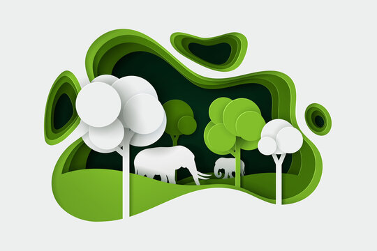 Vector and digital craft style of green eco forest with Elephants.