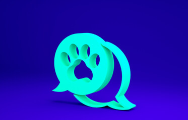 Green Paw print icon isolated on blue background. Dog or cat paw print. Animal track. Minimalism concept. 3d illustration 3D render