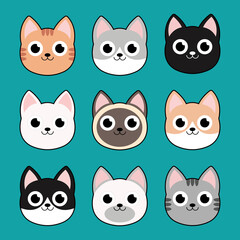 Fototapeta premium Vector illustration of funny cartoon cats, Collection of Cats heads emoticons.