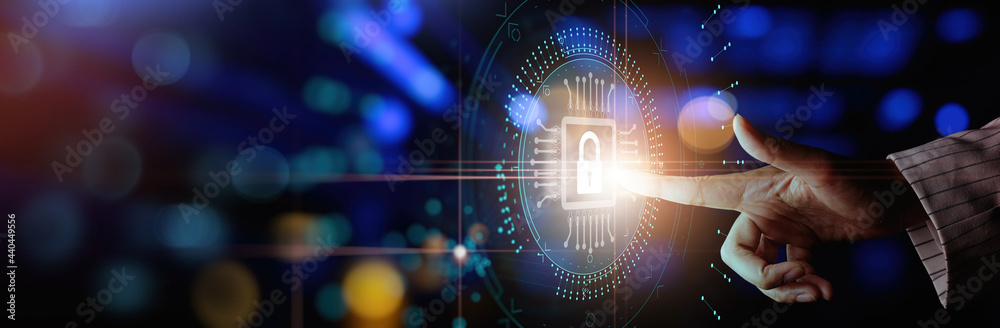 Poster cyber security concept hand touch on padlock icon dashboard for security concept.