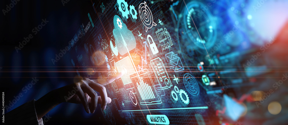 Fototapete Hand touching Business data analytics process management with KPI financial charts and graph and automated marketing dashboard and ERP concept