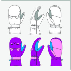 vector illustration of ski mittens for children in pink with cats