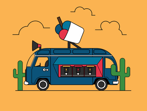 furgoneta de helados en un fondo desértico con cactus y un estilo de dibujo animado