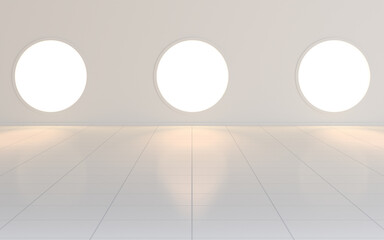 Empty white room with round window, 3d rendering.
