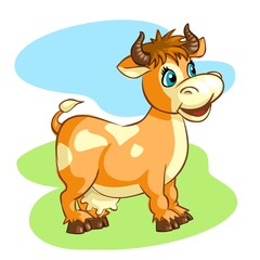 Image of a cow in cartoon style, on a colored background. Funny and cheerful young animal in orange-brown color. 