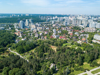 Fototapeta na wymiar Green park in Kiev. Aerial drone view.